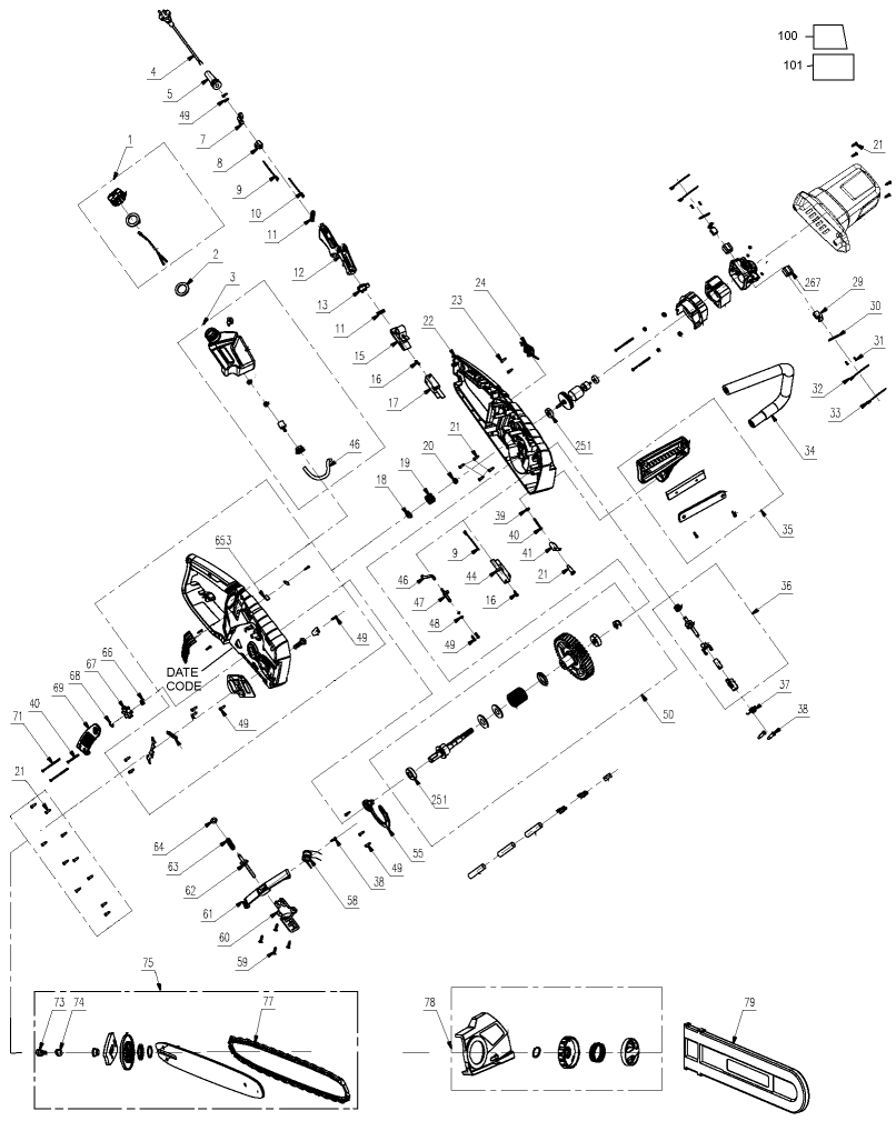 Default Diagram and Parts List for CS1518 Type 1 Black and Decker Chainsaw
